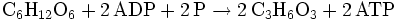 \rm{C_6H_{12}O_6+2 \, ADP + 2 \, P \rightarrow 2 \, C_3H_6O_3 + 2 \, ATP}